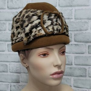 Vintage MARZI Firenze Designer Brown Felt Cloche Hat‎ Faux Fur Leopard Italy